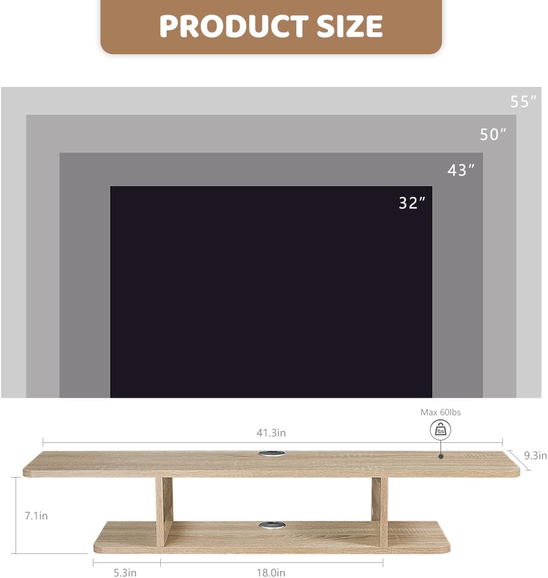GHC Floating TV Stand, Wall Mounted Entertainment Center and Cabinet Shelf, TV Console with Storage, Media Console for DVD Player, Space-Saving Under TV Shelf for Bedroom, Living Room (Natural Oak)