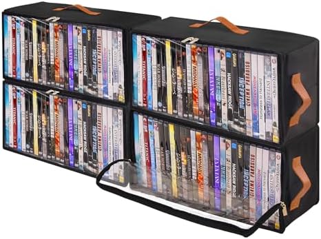 4 Pack DVD Storage Box, Stackable Oxford Fabric DVD Cases Holder with Front Zippered Clear Window and Handles, 15.7 x 7.9 x 6.1 In, Foldable DVD Organizer Rack, Holds Up to 100 DVDs (25 Each)