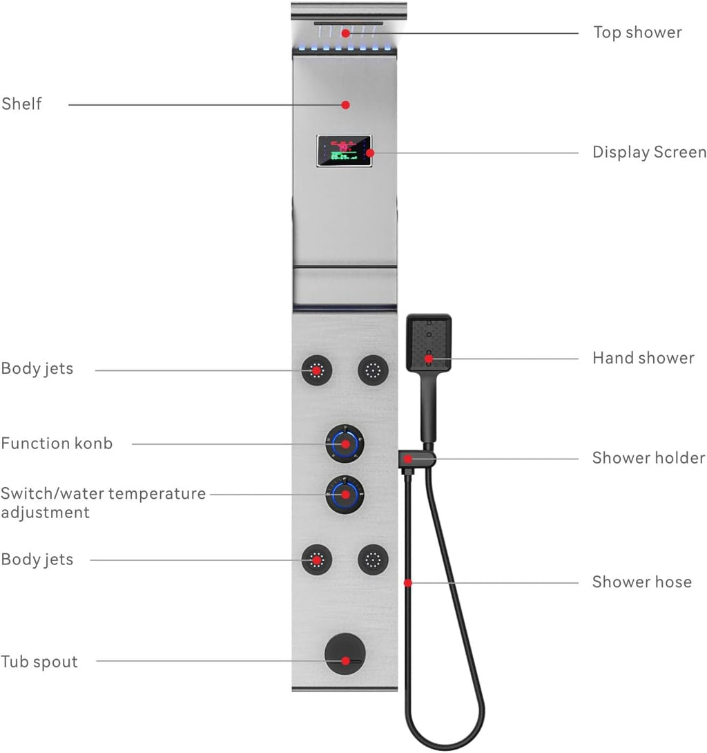 ELLO&ALLO LED Rainfall Shower Head and Rain Massage System with Body Jets Stainless Steel Bathroom Shower Panel Tower System with Shelf, Brushed Nickel&Black