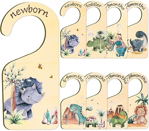 Whaline 8Pcs Baby Closet Size Dividers Dinosaur Hanging Wooden Baby Closet Organizer Newborn to 24 Months Thicken Infant Wardrobe Organizer for Home Nursery Bedroom Decor