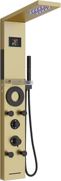 Hoimpro Brushed Gold LED Shower Panel Tower System,2 In 1Function Shower Panel Light Rainfall Waterfall Shower Rain Massage System with Body Jets Handheld Shower Sprayer, Stainless Steel, Wall Mount