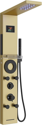 Hoimpro Brushed Gold LED Shower Panel Tower System,2 In 1Function Shower Panel Light Rainfall Waterfall Shower Rain Massage System with Body Jets Handheld Shower Sprayer, Stainless Steel, Wall Mount