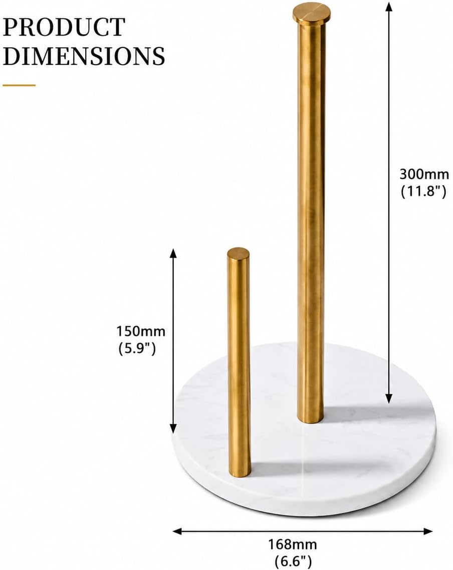 Brushed Gold Paper Towel Holder for Kitchen Countertop, 304 Stainless Steel Roll Dispenser with White Engineered Marble Weighted Base, Freestanding Paper Towel Stand for Standard Rolls