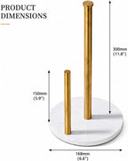 Brushed Gold Paper Towel Holder for Kitchen Countertop, 304 Stainless Steel Roll Dispenser with White Engineered Marble Weighted Base, Freestanding Paper Towel Stand for Standard Rolls