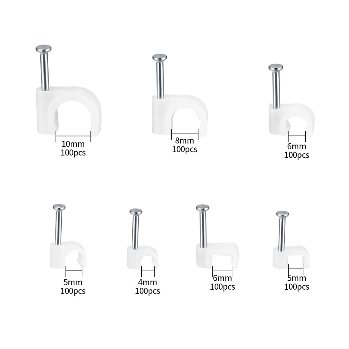 700 Pcs Cable Clips with Steel Nails, Cable Wire Cord Management Clips, White Ethernet Cable/Coax Cable/Cable Cord Holder Staples Clips with Tacks Nails for Wall, 4mm 5mm 6mm 8mm 10mm