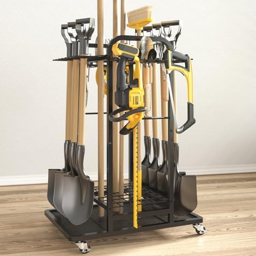 Garden Tool Organizer with Lockable Wheels, Heavy Duty 3-Tier Yard Tower Tool Rack for Garage, Holds Up to 35 Long-Handled Tools, Garden Tool Cart with 12 Hooks for Tool Organization Storage
