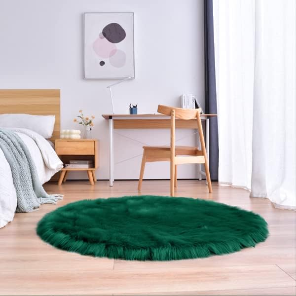 duduta Emerald Green Faux Sheepskin Round Rug 4x4 ft, Fluffy Shag Fur Bedroom - Image 5
