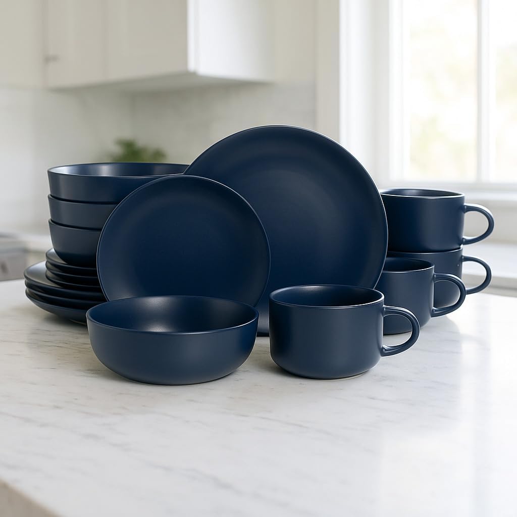 10 Strawberry Street Wazee Matte Coupe Dinnerware Set, 16 pc, Midnight Blue