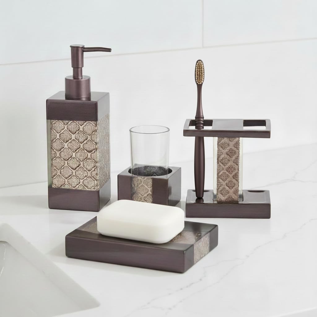 Creative Scents Dahlia Brown 4 Piece Bathroom Accessories Set