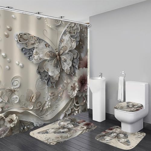 DDQQ 4Pcs Shower Curtain Sets, Gray Butterfly Bathroom Curtains Shower Set, Bathroom Decor Sets, Shower Curtain for Bathroom with Rugs, Toilet Lid Cover, Bath Mat and 12 Hooks, 71 x 71 Inches