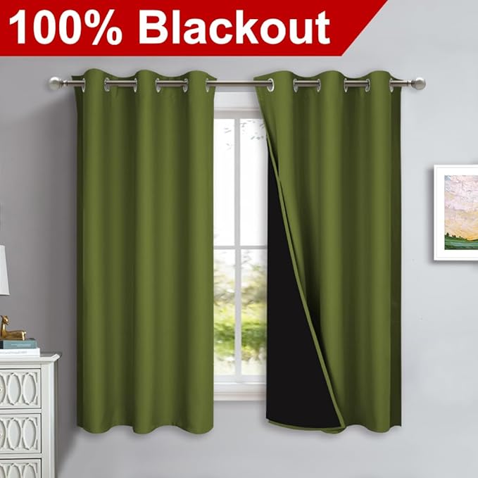 NICETOWN 100% Blackout Curtains 54" Long, Olive Green, 1 Pair, Double-Deck - Image 2