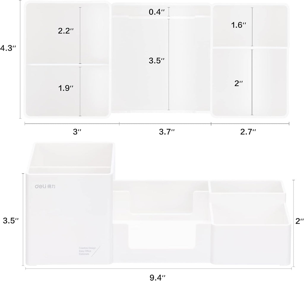 deli Desk Organizer, Plastic Desktop Organizer with Pencil Holder and Sticky Note Tray, Office Stationery Supplies Organizers Accessories Caddy, 6 Compartments, White