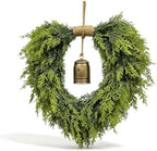 Heart Shaped Christmas Wreath for Front Door, Artificial Norfolk Pine and Cedar Greenery with Rustic Jute Rope and Vintage-Style Bell, Indoor and Outdoor Holiday Decor