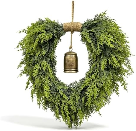 Heart Shaped Christmas Wreath for Front Door, Artificial Norfolk Pine and Cedar Greenery with Rustic Jute Rope and Vintage-Style Bell, Indoor and Outdoor Holiday Decor