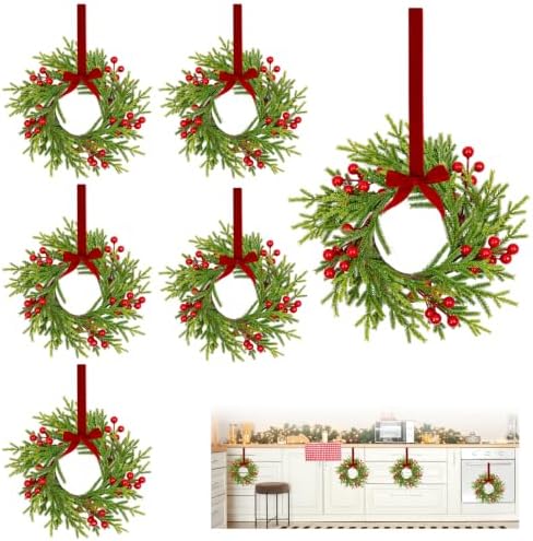 6 Pack Mini Christmas Wreaths for Kitchen Cabinets,with Ribbon Bows Berry