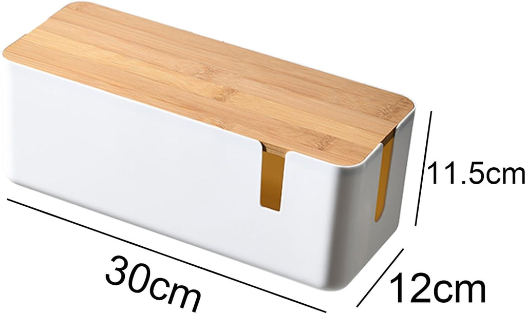 Changsuo Small Cable Management Box with Bamboo Lid for Extension Cord Power Stripe Surge Protector Wire Concealer Organizer Cover Hider (White)