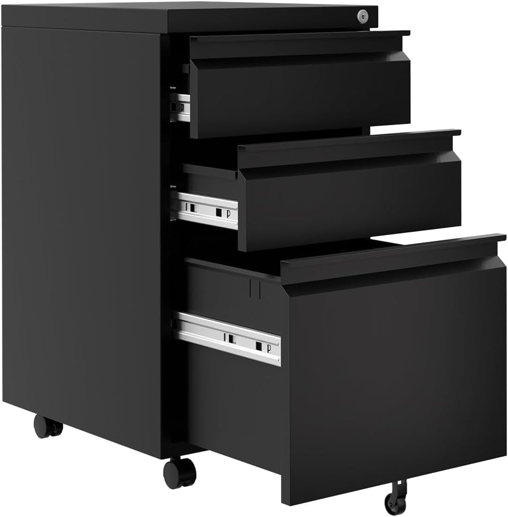 24-Inch Black 3-Drawer Mobile Tool Cabinet, Rolling Cold-Rolled Steel Storage Cart for Garage, Workshop, Office, or Utility Organization, Heavy-Duty Mobile Toolbox with Smooth Casters for Easy Access