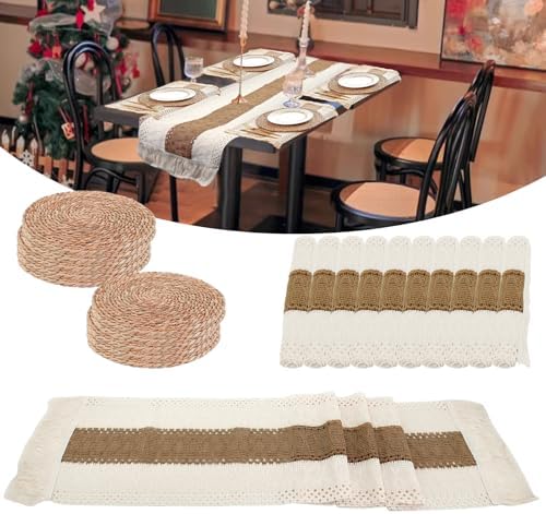 10 Sets Boho Placemats Macrame Style Bicolor Stitching Round Woven Placemats Cotton Burlap Farmhouse Rustic Long Table Runner for Home Kitchen Table Dining (Brown)
