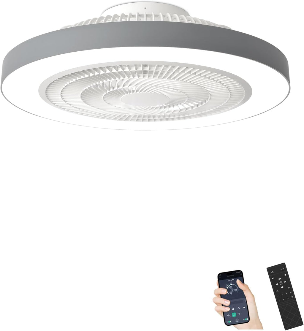 Depuley LED Ceiling Fan with Light: 19" Modern Flush Mount Low Profile Ceiling Fans with Remote & Smart APP Control - Grey Bladeless Fandelier Dimmable Quiet DC Motor for Bedroom Kids Room 6 Speeds