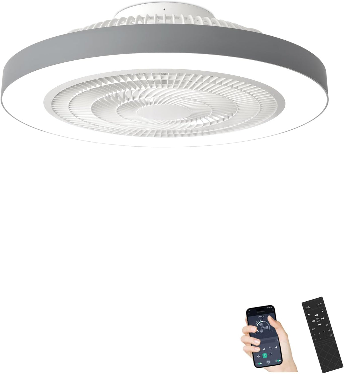 Depuley LED Ceiling Fan with Light: 19" Modern Flush Mount Low Profile Ceiling Fans with Remote & Smart APP Control - Grey Bladeless Fandelier Dimmable Quiet DC Motor for Bedroom Kids Room 6 Speeds