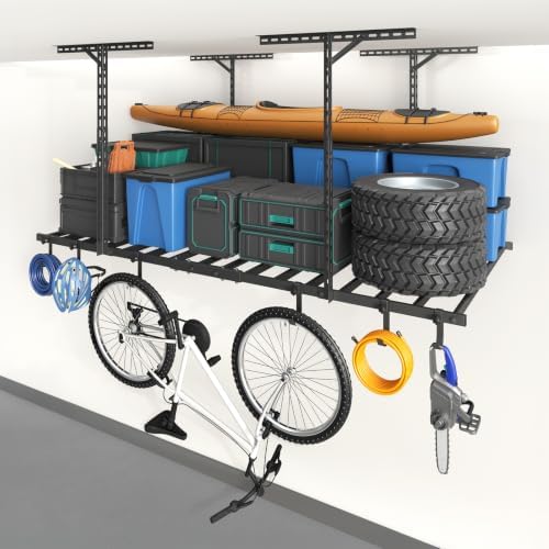 4x8FT Overhead Garage Ceiling Storage Rack with 6 Hooks