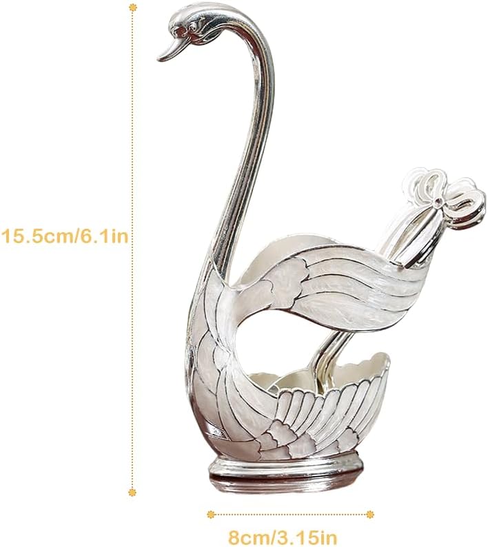 Decorative Gold Swan Base Holder with 6pcs Coffee Spoon Set - Creative Dessert Spoons,Silver