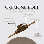 Antique Brass Cremone Bolt Set - Solid Brass Cabinet Hardware with 2' Rods & Handle, Perfect for Cabinets & Restoration Projects, Easy One-Side Operation for Timeless Charm