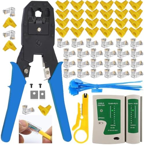 LEATBUY Network Crimp Tool Kit for RJ45/CAT5/CAT6, Professional Crimper Connector Stripper Cutter, Computer Maintenance Lan Cable Pliers Tester Ethernet Repair Set (Blue)