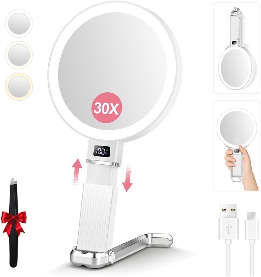30X Travel Magnifying Mirror with Light, Height Adjustable Vanity Mirror with Phone Holder Stand, Portable Compact Handheld Makeup Mirror with Smart Display for Travel, Daily Makeup Use, White