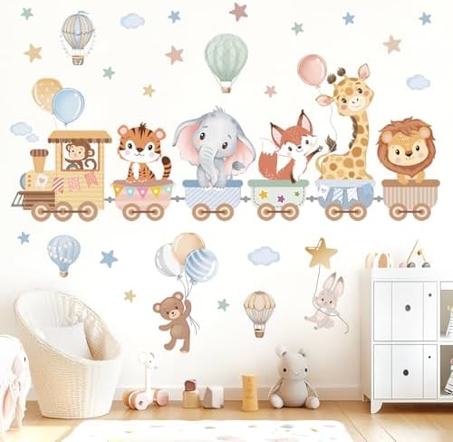 wondever Jungle Animals Train Wall Decals Hot Air Balloon Wall Stickers