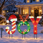 Solar Christmas Lights Outdoor, Metal Joy Reindeer Christmas Wreath Yard Sign Garden Stakes Xmas Holiday Decor for Pathway Patio Lawn Outside
