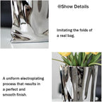 Ceramic Silver Flower Vase, Crinkle Paper Shape, Metal Decorative Home Accent (Large)