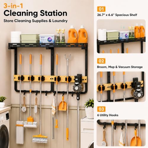 Mop and Broom Holder Wall Mount with Railing Shelf,3-in-1 Cleaning Storage Organizer,Storage Rack with Vacuum holder 5 Grips 6 Hooks for Laundry Utility Garages Closet,