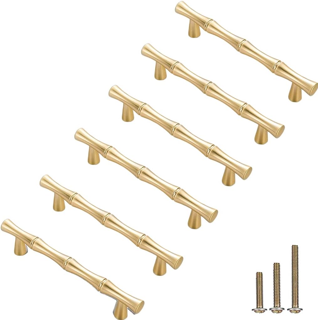 6Pcs Bamboo Shape Solid Zinc Alloy Cabinet Knobs Handles, Dresser Drawer Cabinet Cupboard Closet Door Pulls Decorative Furniture Accessories KnobS (Length 4.9"/Hole Distance 3.8", Golden)