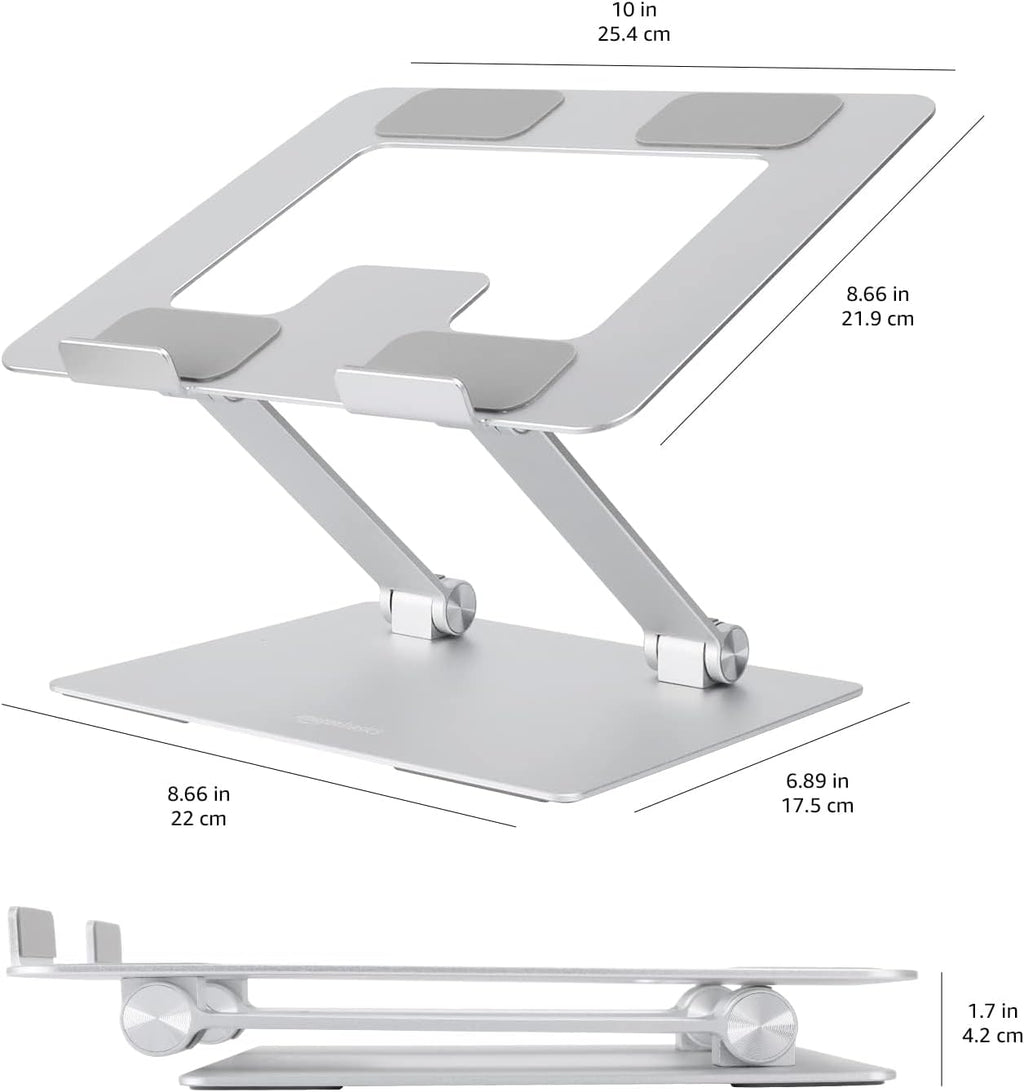 Amazon Basics Sturdy and Portable Ergonomic Laptop Stand for Desk, Height Adjustable Riser with Ventilated Cooling, Foldable, Fits all Laptops up to 15.6 Inch, Silver