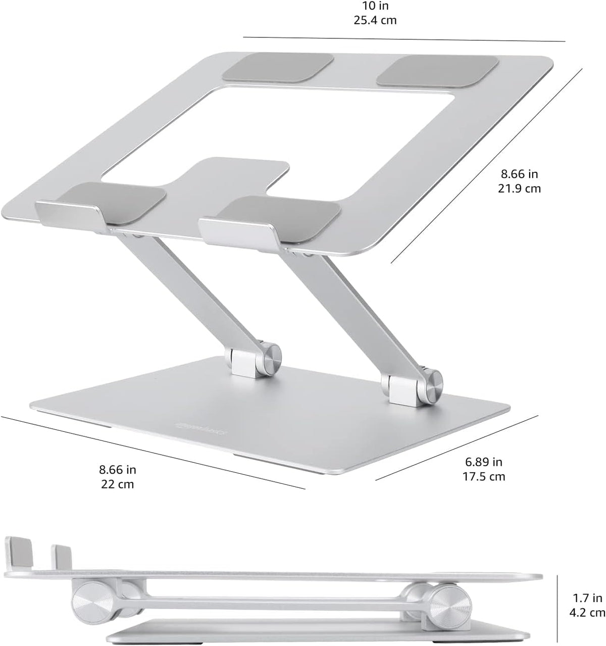 Amazon Basics Sturdy and Portable Ergonomic Laptop Stand for Desk, Height Adjustable Riser with Ventilated Cooling, Foldable, Fits all Laptops up to 15.6 Inch, Silver