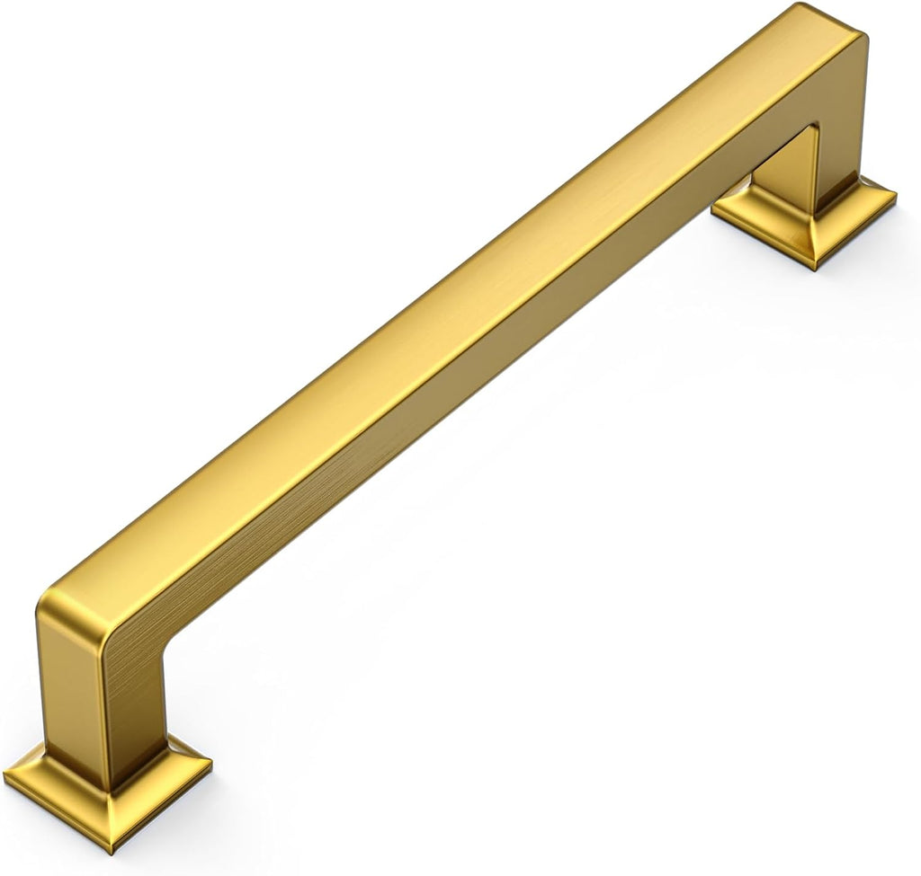Amerdeco 10 Pack Heavy Duty Solid Zinc Alloy Vibrant Brushed Moderne Brass Cabinet Pulls 5" Hole Centers(128mm) Polished Brass Handles Suitable for Kitchen, Bathroom Drawers and Furniture Handles 3818