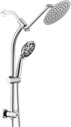 Rainfall 8 Inch Round Shower Head with High Pressure Handheld Spray Combo, Drill-Free Slide Bar with Adjustable Shower Extension Arm, 3-Way Diverter for Easy Reach, 5Ft Hose- Brushed Nickel