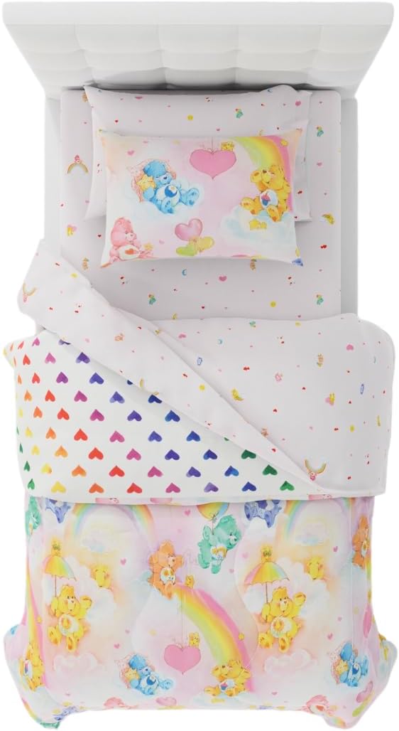 Care Bears Classic Retro Rainbow Bedding 5 Piece Super Soft Comforter and Sheet Set with Sham, Twin, (100% Official Licensed Product) By Franco Collectibles