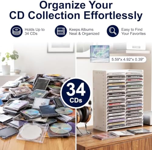 Stackable CD Storage Organizer, Holds 34 CD Cases, Great Gift Idea