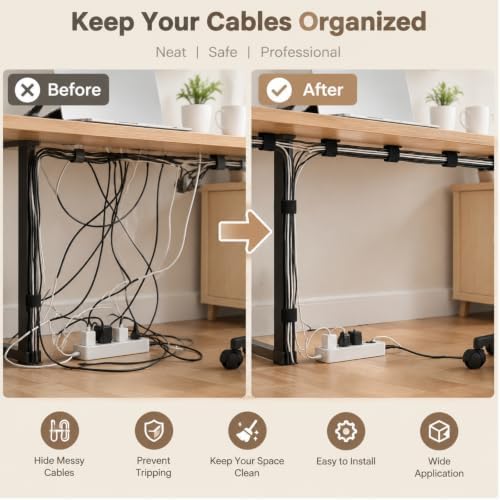 50PCS Velcro Cable Ties,Adhseive Cord Holder for Desk,Resuable Cable Clips