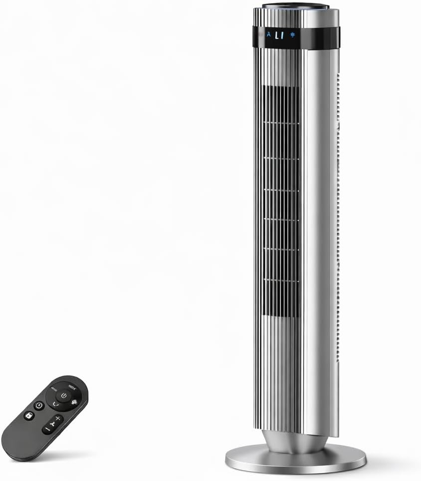 41" Bladeless Tower Fan with Air Filter, 80° Oscillating Standing Fan with Remote Control, 8 Speed Settings, 8H Timer, LED Display Quiet Cooling Fan for Bedroom, Living Room, Office,Blue/White