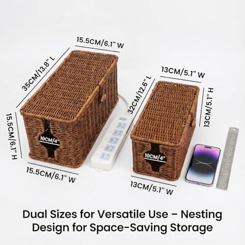 Wicker Cable Management Box, 2 Pack Large & Small Cable Organizer Box, Faux Rattan Hand-Woven Desk Organizer with 10 Cord Clips and 10 Ties, for Home Office and Charging Station