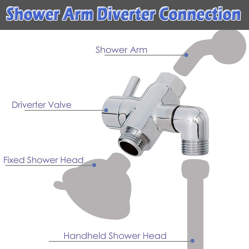 Brass Shower Arm Diverter Valve for Handheld Shower Head and Fixed Spray Head G1/2 3 Way Universal Bathroom System Component Replacement Part, Polished Chrome