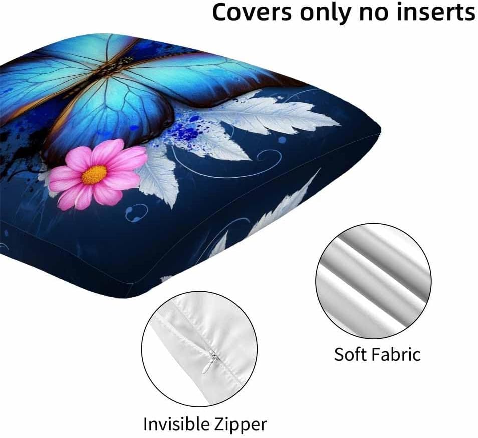 Blue Morpho Butterfly Throw Pillow Covers 18x18 Set of 2,Pink Daisy Flower White Feather Decorative Pillow Covers for Sofa Couch Living Room Soft Home Decor,Outdoor Patio Car Cushion Cases