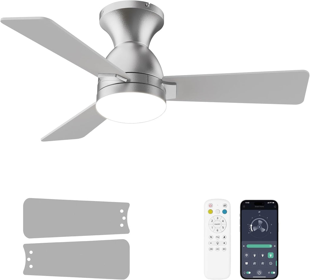 Ceiling Fans with Lights and Remote, 36 Inch Ceiling Fan with Light, Low Profile, Reversible, Dimmable LED, Flush Mount, Quiet, DC Motor, Nickel Ceiling Fan for Bedroom, Kitchen, Dining Room
