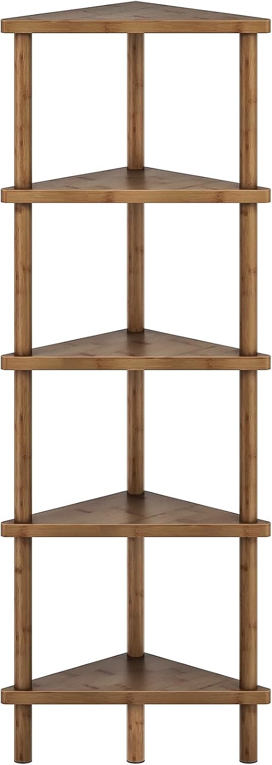 HOOBRO Corner Shelf Stand, 5-Tier Bamboo Corner Bookshelf, Plant Display Shelf, Corner Bookcase, Multipurpose Shelving Unit for Small Space, Living Room, Easy Assembly, Mocha MA20CJ01