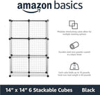 Amazon Basics 6 Cube Wire Grid Storage Organizer, Stackable Cubes, Cubby Bookcase, Display Shelf, 14" D x 14" W x 14" H, Black