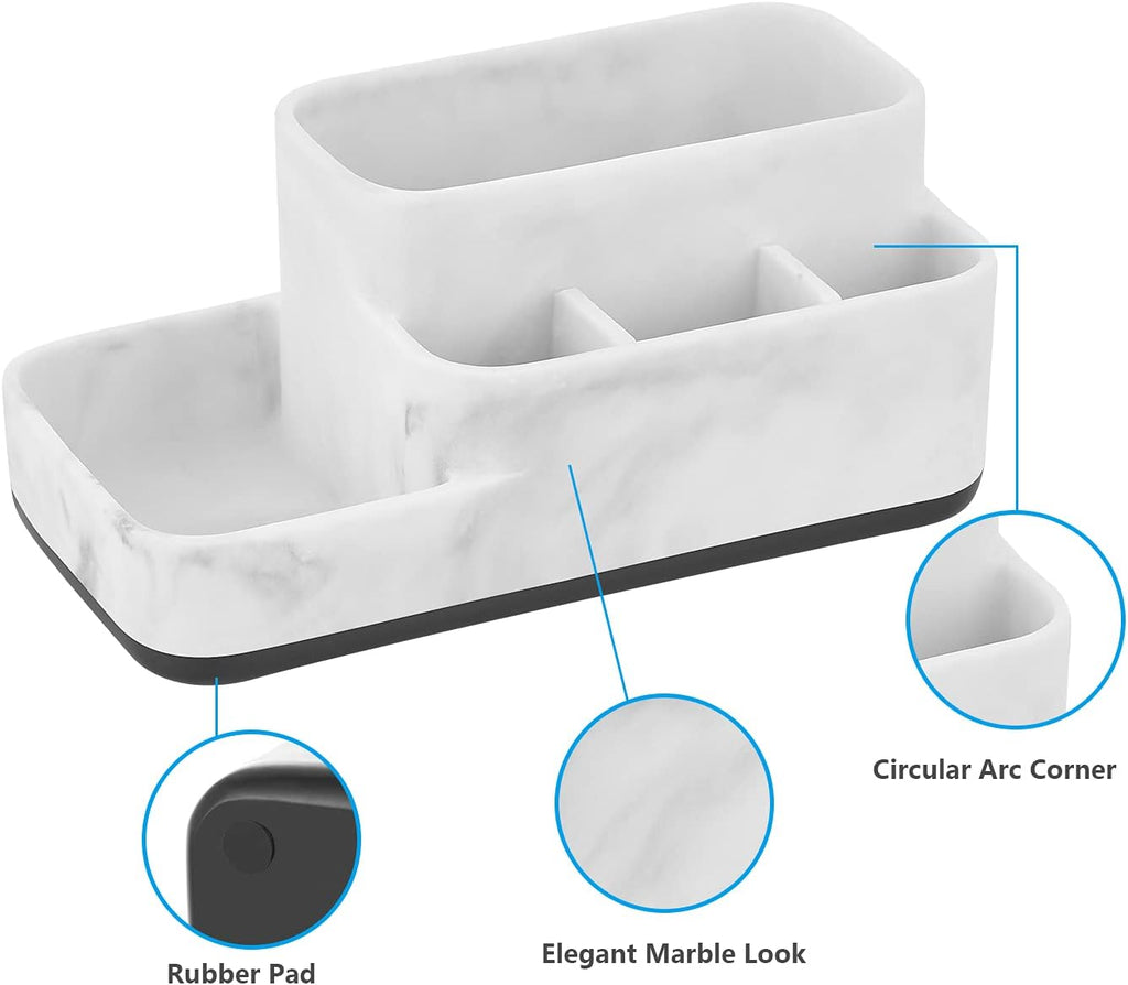 Toothbrush Holder Organizer - Multi-Functional Bathroom Storage for Makeup, Skincare, and Accessories - White Marble Look Countertop Organizer for Sink and Vanity Spaces
