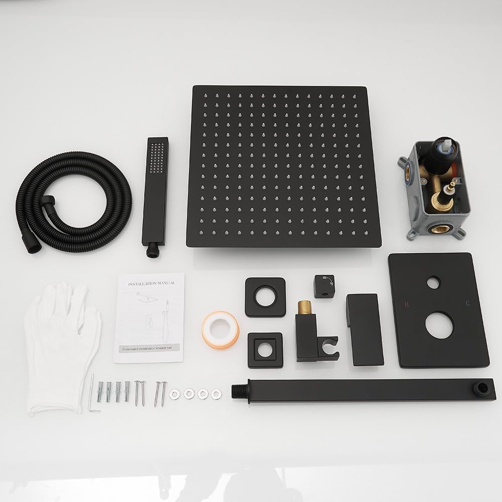 Shower Faucet Set Complete, Wall Mount Shower System for Bathroom 12 Inch High-Pressure Rainfall Shower with Handheld, Rough-in Valve Body and Trim Kit, Matte Black